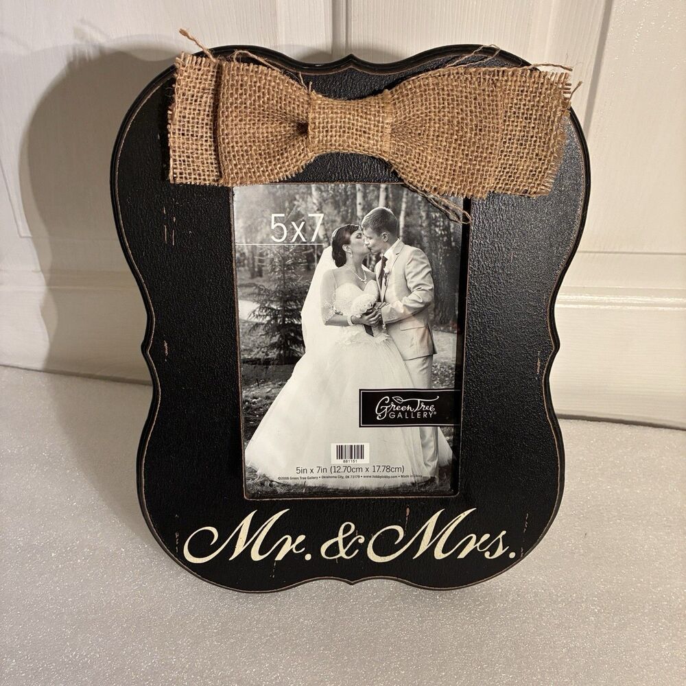 Mr. & Mrs. Classic Black Wedding Frame With Burlap Bow For 5”x7”photo.